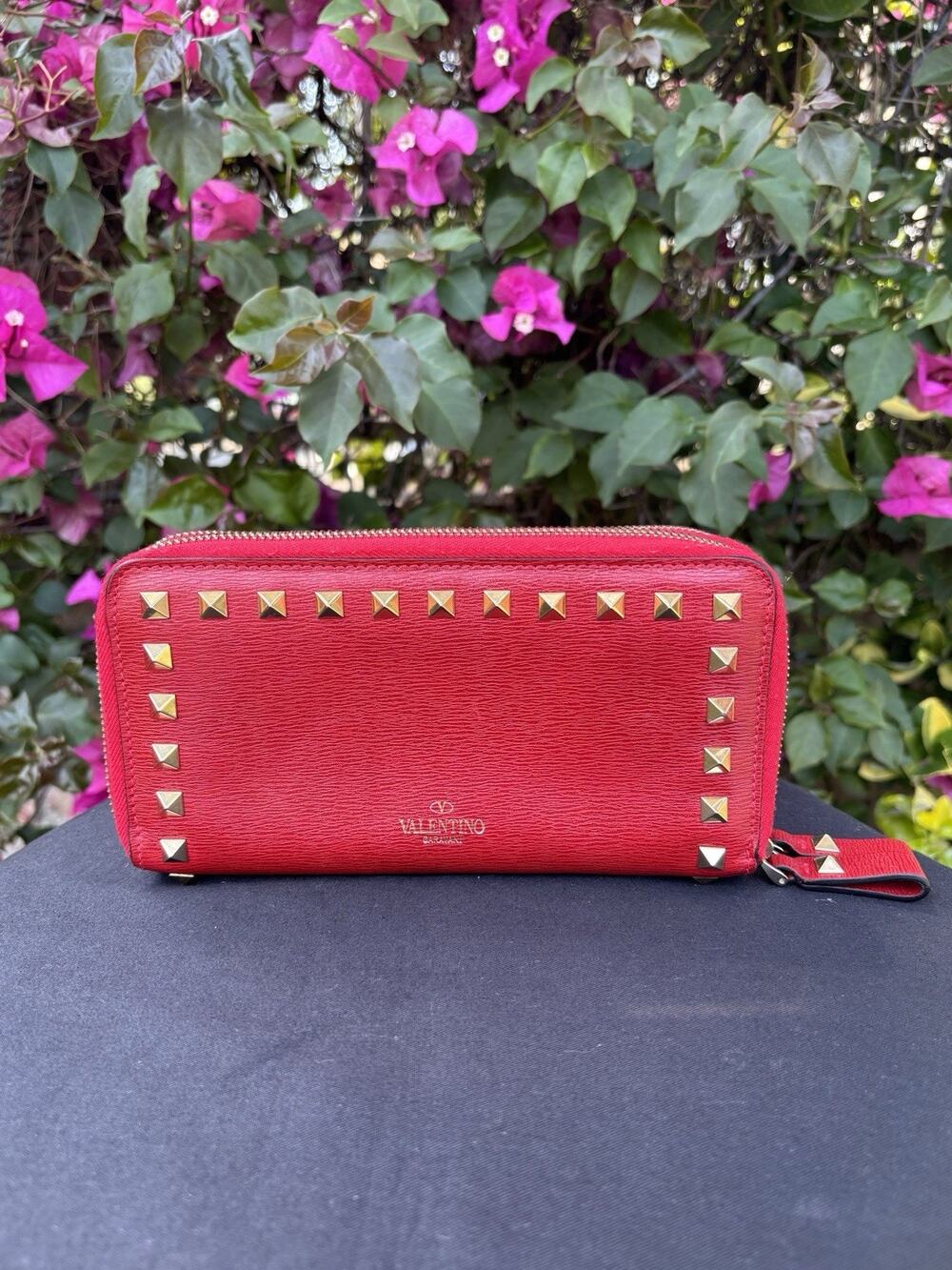 Valentino Rockstud Leather Double Zip Around Wallet Red